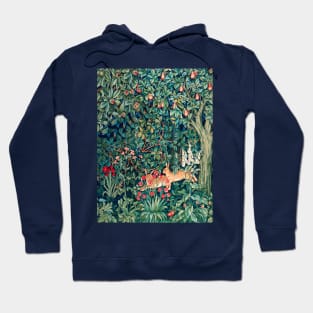 GREENERY, FOREST ANIMALS Hares Blue Green Red Floral Tapestry Hoodie